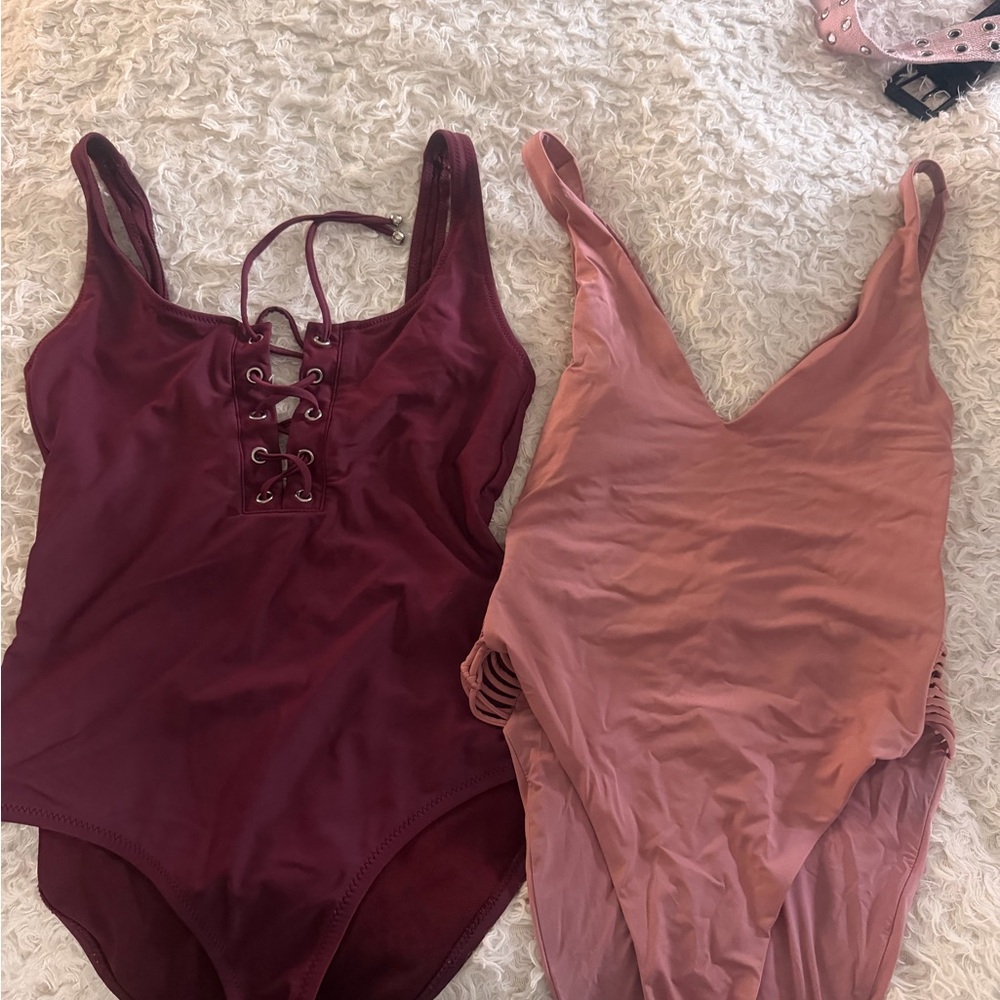 Lace-Up Burgundy One-Piece Swimsuit & Mauve Pink One-Piece Set